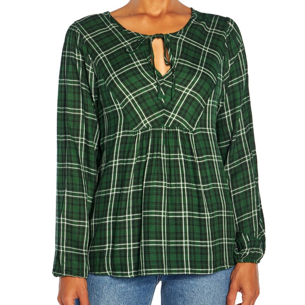THREE DOTS Mason Plaid Long Sleeve Blouse in Green &‎ Black